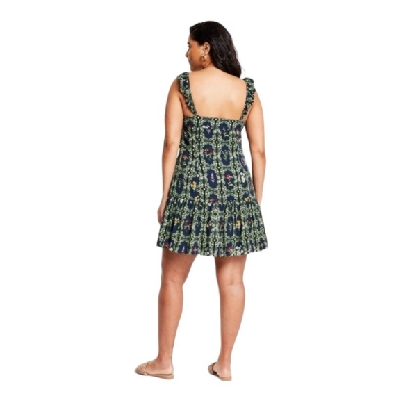 AGUA BENDITA x Target Navy Blue Green Floral Ruffle Sleeve Tiered Mini Dress L - Picture 8 of 11